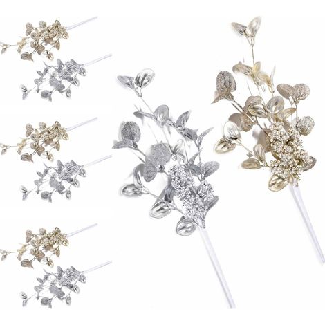 Set 6 Rami Artificiali con Bacche e Foglie Oro e Argento - Fiori Natalizi