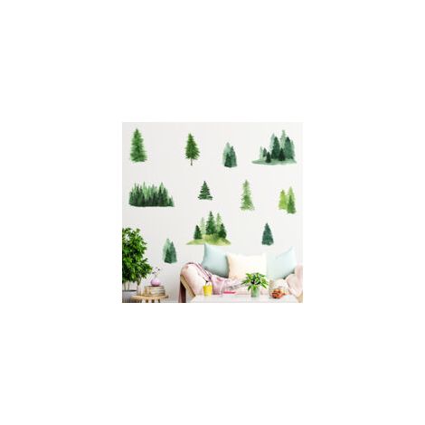 Stickers muraux motif arbre de pin vert aquarelle grand arbre forêt forêt forêt pour chambre d'enfant, chambre à coucher, salon-Crezuo