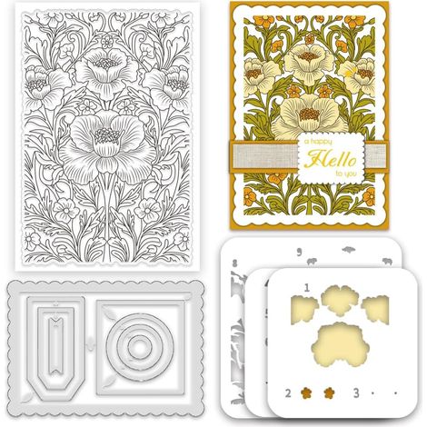 Lot de 3 tampons transparents et matrices de découpe - Avec motif floral - Pour la fabrication de cartes - Cadre rectangulaire en métal - Pochoirs de peinture - Fleurs - Tampon en caoutchouc (1/5)
