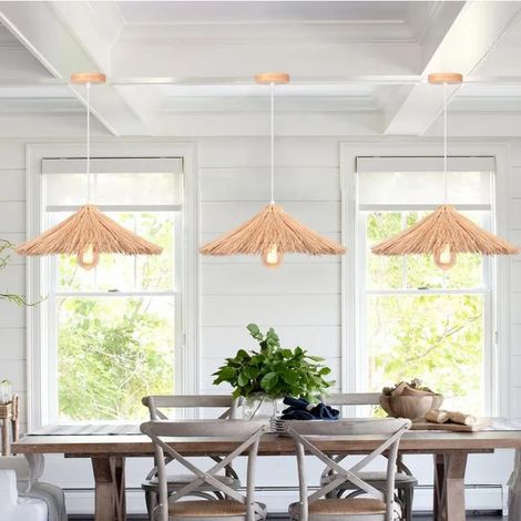 3x Lustre Suspension Luminaire Industriel,E27 Lampe de Plafond Abat-jour en Barres de Bambou Design Chapeau pour Salon (1/5)