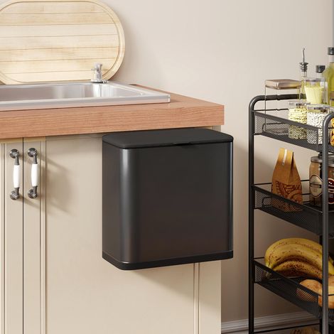 Poubelle d’une capacité de 8 L, pouvant être posée sur pied ou fixée au mur, fabriquée en acier inoxydable, de couleur noire (1/5)