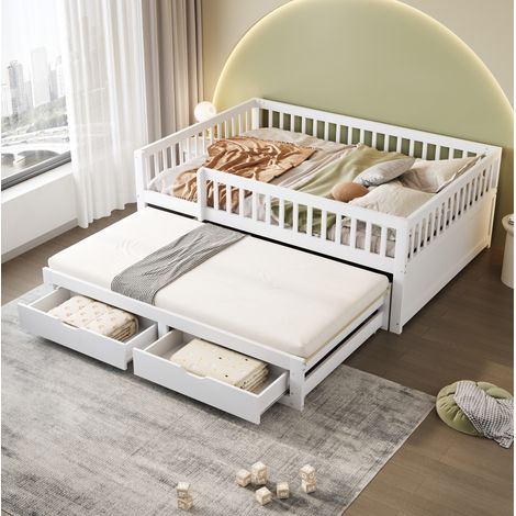 Cama nido de madera con 2 cajones y barandilla blanca OKMYHOME (1/5)