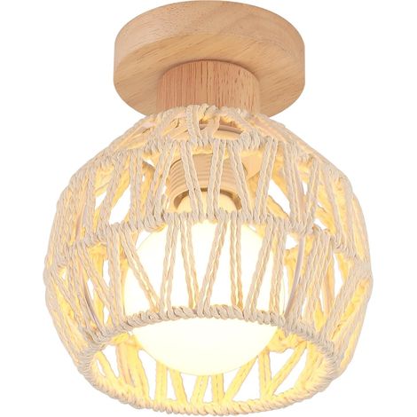 1 Plafonnier Rotin Blanc E27 Diamètre 16cm Bois Métal Style Bohème pour Chambre Couloir