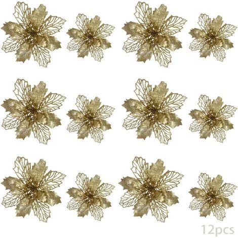 24pcs Weihnachtsblumen,Weihnachtsblumen Deko, Christbaumschmuck Glitter Poinsettia,Glitter Weihnachtsbaum,Kš¹nstliche Blumen Weihnachten,Glitter Weihnachten(Gold)