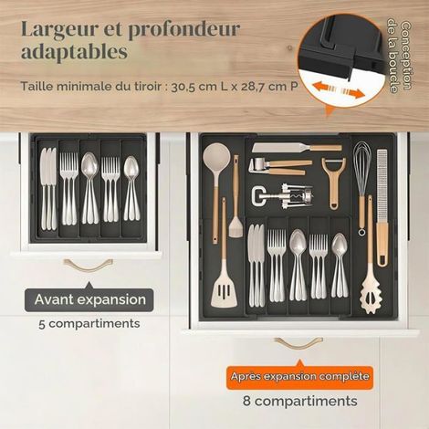 Range-Couverts - Organisateur Tiroir Réglable 30,5-51,9 x 28-49,2 cm - Pour Fourchettes Cuillères Couteaux - Noir - 1 Pièce (1/5)