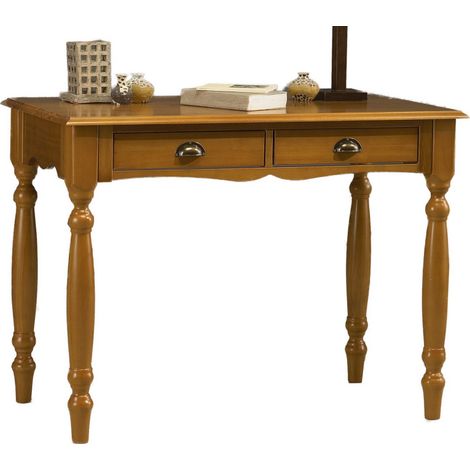 Beaux Meubles Pas Chers – Table à écrire 2 tiroirs en pin massif miel – Largeur 100 cm, hauteur 74.3 cm, profondeur 56.4 cm – Poignées en métal et bois (1/7)