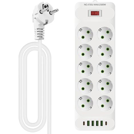 Multiprise 10 prises : prise avec 4 ports USB et 2 ports C, distribution murale, interrupteur, 2 mètres de câble pour le bureau, (1/5)