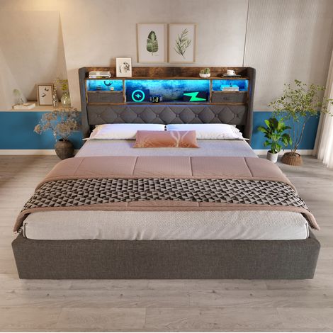 Cama con canapé 180x200 cm de tela de lino gris, LED y USB/Type-C, sin colchón – MEUBLIV (1/5)