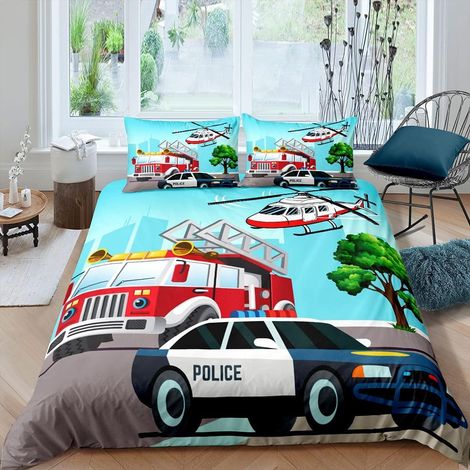Parure de Lit Enfants Camion de Pompiers Voiture de Police Avion Parure de Lit Garçon Adolescent Fille Housse de Couette 200x200cm (1/4)