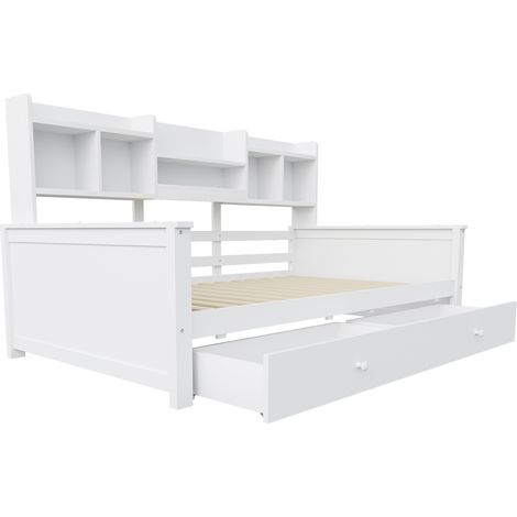 Tagesbett 90x200 cm Weiß mit Schubladen und Regalen, Einzelbett mit Lattenrost (1/5)
