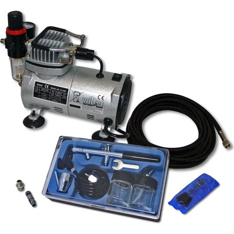 Wiltec Einsteiger Airbrush Kompressor Set AS18-2 mit 1 Airbrushpistole Typ 128 und umfangreichem Zubehör, Drucktank, für Modellbau, Tattoos, Nailart