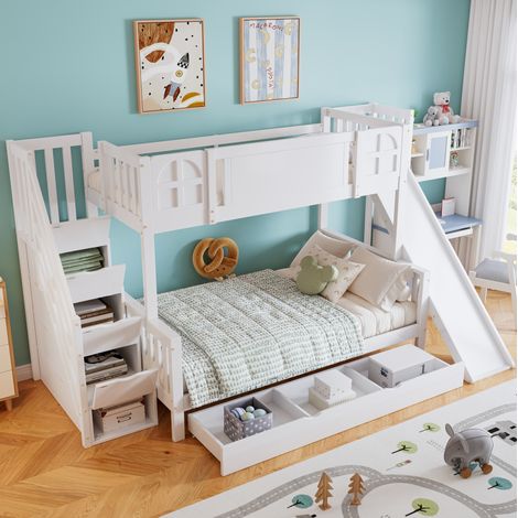 MEUBLIV Etagenbett 90x200 cm Weiß – mit Rutsche und Stauraumtreppe, ohne Matratze (1/5)