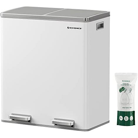 Poubelle double, 2 x 30 l, poubelle de cuisine à deux compartiments avec 15 sacs poubelles, poubelle en métal avec pédale, seaux intérieurs et couvercles en plastique, fermeture amortie, protection co