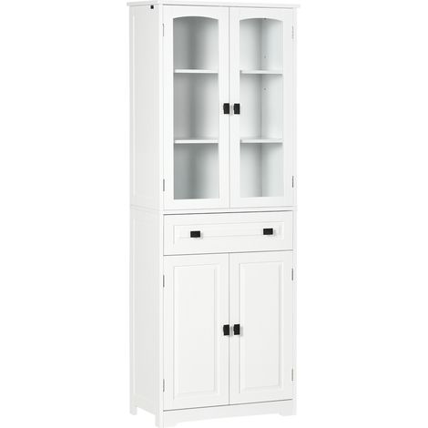 Buffet haut cuisine 4 portes dont 2 vitrées 1 tiroir étagères réglables hauteur 160cm bois blanc