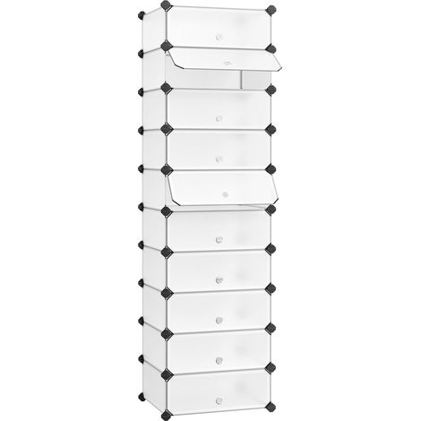 Meuble à Chaussures avec 10 Compartiments Rectangulaires, pour 20 Paires, Étagère Modulable en Plastique, Boîte à chaussures, avec Porte, Maillet, Rangement, Blanc LPC10W (1/5)
