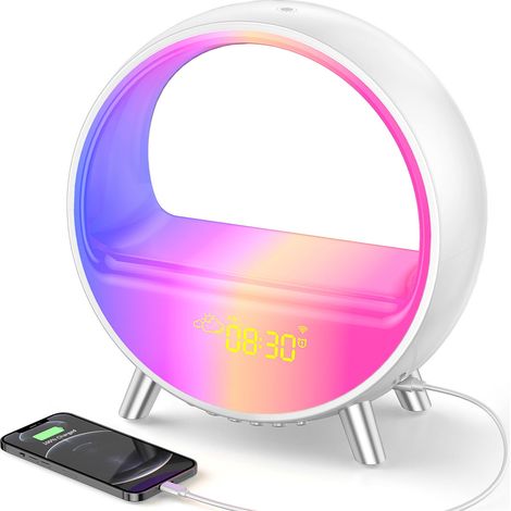 Lampe d'Ambiance Intelligente et Colorée avec Enceinte Bluetooth de Bureau - Réveil Électronique de Chevet, Veilleuse, Simulateur de Lever/Coucher de Soleil - Version Intelligente (App Tuya + Charge S (1/5)