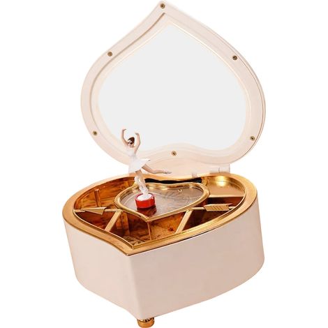 Weiße, herzförmige Spieluhr mit Ballerina-Motiv und klarer Melodie. Hübsche und robuste Kunststoffbox für Kinder, Familien und Büro.