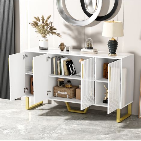 Buffet 140x40x80 cm blanc brillant en MDF avec 4 portes, motif géométrique et pieds en métal (1/5)