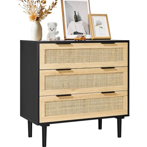 VEVOR 3 Drawer Rattan Dresser, Natural Rattan Closet Dresser with 3 Drawers, Modern Wood Chest Clothing Organizer & Storage Boho Dresser with Sturdy Handles & Legs, for Bedroom, Living Room & Hallway