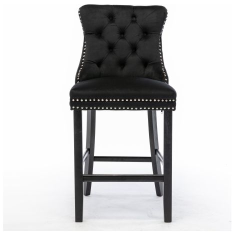 Tabourets de bar modernes rembourrés en velours — Caractéristiques : Capitonnage à boutons, pieds en bois massif et finitions cloutées chromées  Tabourets de bar au style décontracté (Lot de 2, Noir)