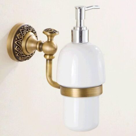 Distributeur de savon ancien, distributeur de liquide vaisselle rétro en laiton, distributeur à pompe avec flacon mural en céramique (1/5)