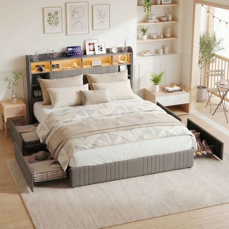 Doppelbett 140x200 cm - Multifunktionales Polsterbett mit Lattenrost, Polsterbett aus Leinenstoff, Stauraum-Kopfteil mit LED und USB/Typ-C-Anschlüssen - Beige