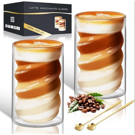Double Wall Coffee Cup Walled Cappuccino Glass with Spoons Latte Macchiato Cups Transparent for Tea, Milk, Fruit Juice (1/5)