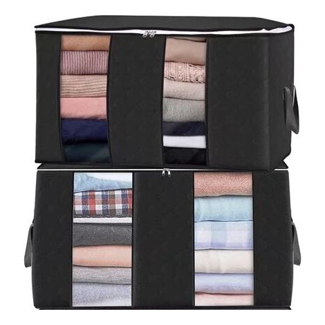Sac de Rangement Couette en épais Non-tissé 2Pcs Sac de Boite Rangement Grande Capacité avec Poignée Renforcée pour Édredons Couvertures Oreillers Jouets Vestes Vêtements (Noir) (1/5)
