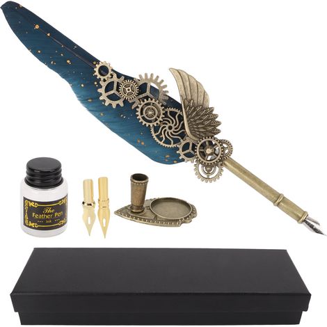 Quill Pen and Ink Set Vintage Style Glossy Writting Stainless Steel Nib Wear Resistant Durable Delicate Texture Quill PenDark Blue Quill (1/5)