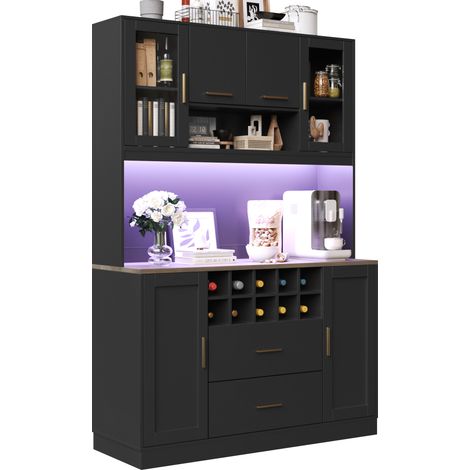 Credenza da Cucina 120x36,3x180 cm, con Luci LED e Presa per Elettrodomestici, 6 Ante e 2 Cassetti, Mobile Pratico, MDF, Nero (1/5)