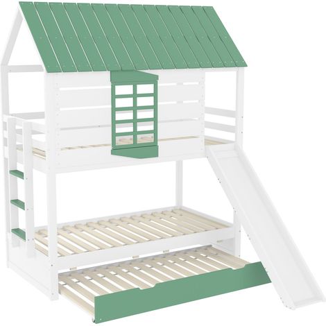 Lit superposé maison 90X200 avec toboggan et lit gigogne, Blanc+Vert (1/5)