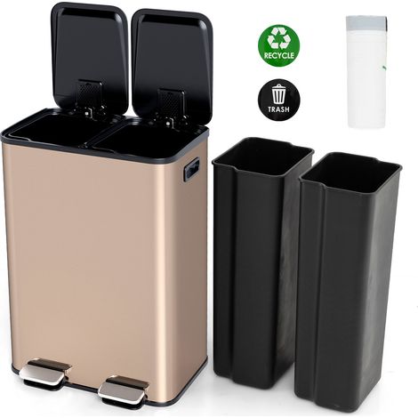 COSTWAY 60L Dual Compartment Trash Can 2 x 30L Trash Bin-Gold (1/5)