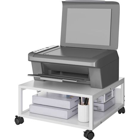 Supporto da scrivania a 2 livelli con ruote, robusto tavolino mobile con raccoglitori, per libri, fax, scanner, ufficio domestico (bianco) (1/4)