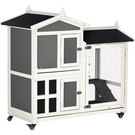 Conigliera da Esterno per 2 Conigli in Legno con Vassoio Estraibile e Area di Corsa, 110x60x104 cm