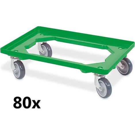 BRB 80x Transportroller für 600x400 mm Eurobehälter, grün, 4 Lenkrollen, graue Gummiräder