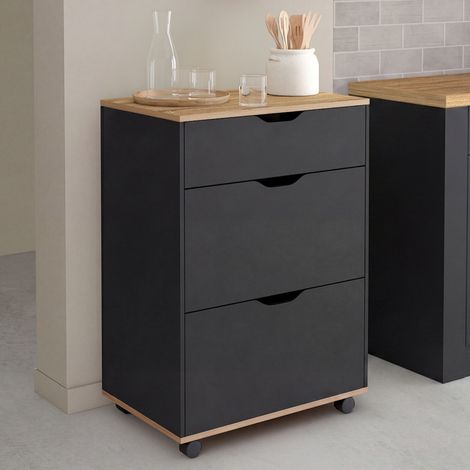 Mueble auxiliar de cocina COSY con 3 cajones para ollas de madera negra y encimera imitación haya. Ancho: 60 cm (1/5)