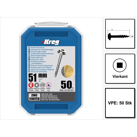 KREG Pocket-Hole Linsenkopfschraube 51 mm 50 Stk ( SML-C2-50 ) Vierkantantrieb Teilgewinde Grobgewinde selbstschneidend verzinkt