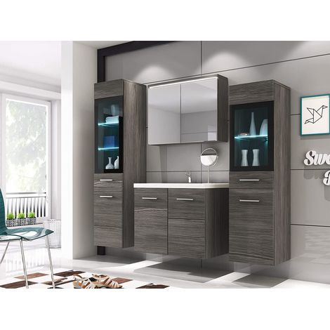 Bratex – Ensemble de meubles de salle de bain suspendus – Lavabo en conglomérat de dolomite – Meuble haut avec miroir et portes vitrées – Couleur cave à vin