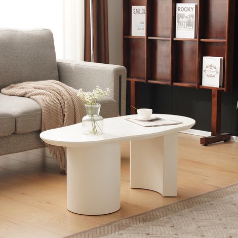 Tavolino da caffè irregolare da 100 cm per soggiorno, struttura stabile, superficie liscia, moderno MDF laccato bianco. (1/5)
