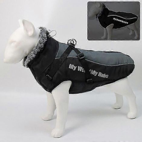Chaqueta grande para perro con cuello de piel, ropa de invierno para perros, impermeable, abrigo grande para perro con arnés extraíble, conjunto para bulldog francés y pug, color gris. (1/5)