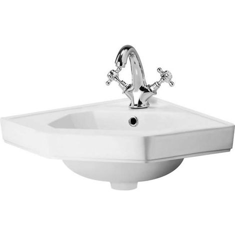 Milano Richmond White Ceramic Wall Hung Corner Bathroom Basin Sink with One Tap Hole - 450mm x 420mm (1/5)