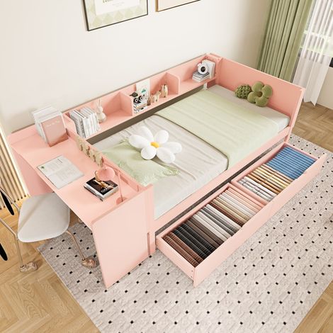 Lit 90x200cm - Lit Simple 90x200cm - Multifonction - avec Bureau, 2 Tiroirs et Étagères - Pin Massif et Aggloméré - Rose (1/5)