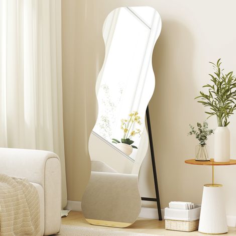 Miroir pleine longueur sans cadre, forme d’onde, positionnable de façon flexible, base en bois, noir
