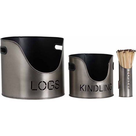 Pewter Finish Logs and Kindling Buckets and Matchstick Holder - Metal - H32 cm - Silver