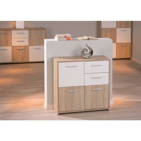 Aparador 77 cm roble claro y lacado blanco con 3 puertas y 2 cajones - Alghero (1/5)