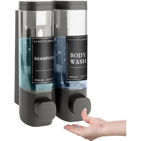 Distributeur de savon mural, distributeur de gel douche mural pour 2 pièces, distributeur de détergent pour les mains, kit sans perçage pour hôtel et maison, 300 ml x 2 (gris) (1/5)