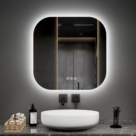 EMKE LED Badezimmerspiegel mit Anti Fog 60x60cm Quadratisch 3 Lichtfarben Dimmbar Touch Schalter Rahmenlos Ultradünnes