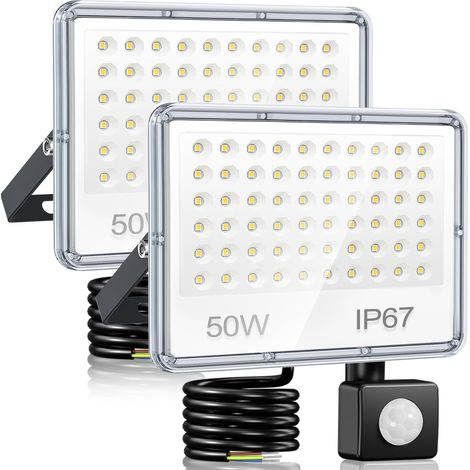 Projecteur LED Exterieur Detecteur de Mouvement 50W - Lot de 2 Spot LED Extérieur Detecteur de Mouvement 5000LM 6500K, IP67 Etanche Eclairage pour Jardin, Patio, Garage (1/5)