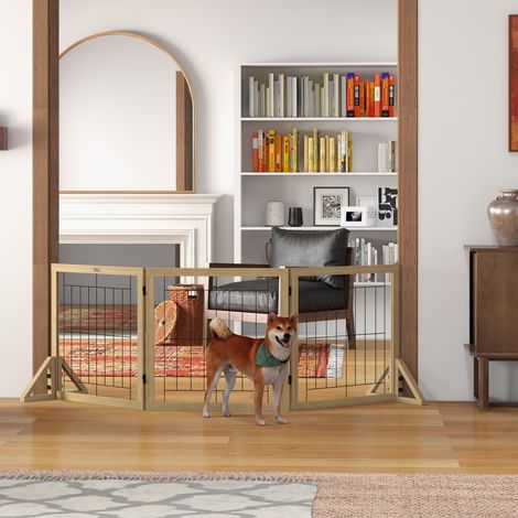 Portail pliant chien Bois 3 panneaux pieds triangulaires naturel 210x70 cm