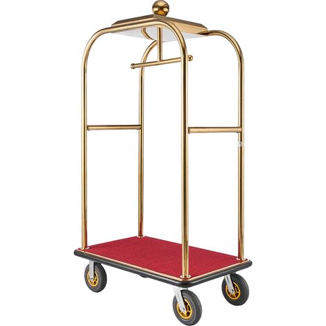 Chariot à bagages pour hôtel, chariot bagagiste robuste 544,31 kg, structure en acier inoxydable, roues en caoutchouc 203 mm, plateau rouge moquetté, chariot roulant professionnel pour hôtels, complex (1/5)
